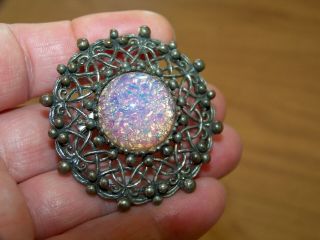 Vintage Jewellery Foil Glass Fire Opal Dragons Breath Silver Studded Brooch Pin