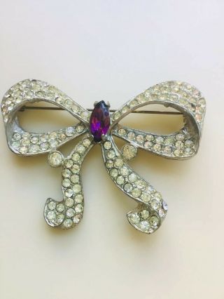 Vintage Silver Tone Crystal Rhinestone Ribbon Bow Brooch Pin Jewelry