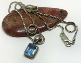 Estate Vintage Sterling Silver Blue Topaz Pendant Box Chain 18” Necklace