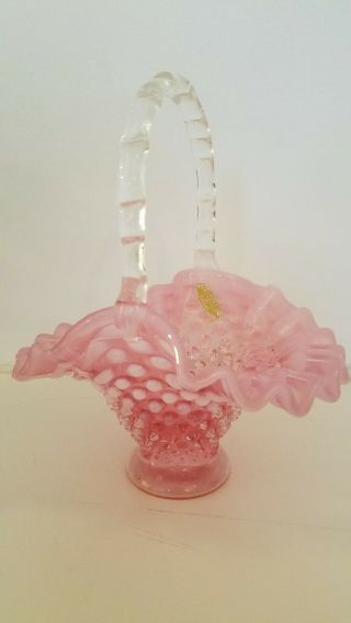 Vintage Fenton Glass Basket Pink Cranberry Opalescent Hobnail W/original Sticker