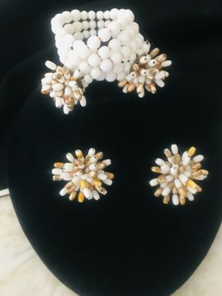 Vintage Signed “western Germany” Milk Glass Cuff Bracelet & Matching Earring Set