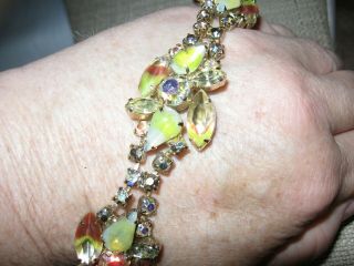 Vintage yellow,  topaz aurora borealis Iris stone rhinestone & cabochon bracelet 2