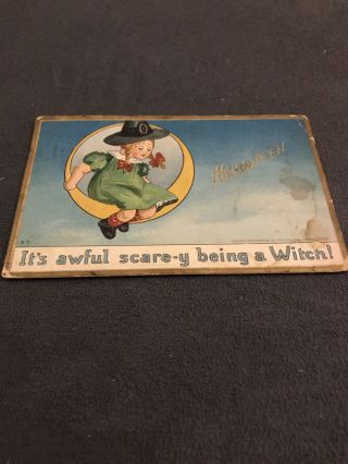 Halloween Vintage Postcard 1915 Tucks Girl In Moon “ It’s Awful Being A Witch 2