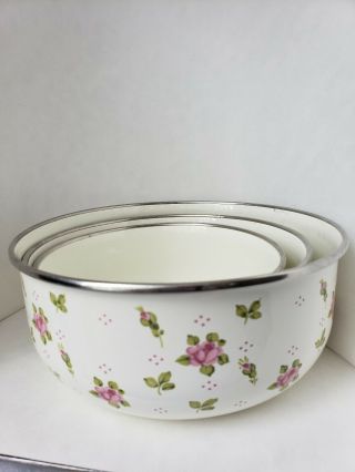 Set Of 3 Metal Enamel Mixing Bowls Possibly Vintage? Small Pink Flowers
