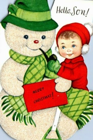 Heavily Glittered Glitter Snowman Boy Kid Rust Craft Vtg Christmas Greeting Card