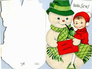 Heavily Glittered Glitter Snowman Boy Kid Rust Craft VTG Christmas Greeting Card 3