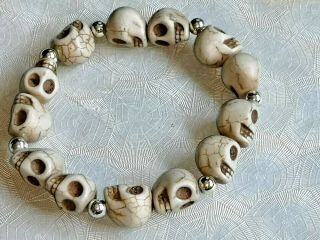 Vintage Jewellery Macabre Gothic Carved Stone/marble Skull Expanding Bracelet