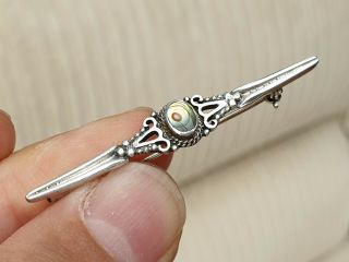Vintage Art Deco Jewellery Polished Abalone Cabochon 925 Silver Bar Brooch Pin