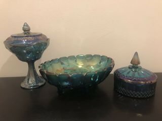Vintage Iridescent Carnival Glass Set - Candy Dish,  Centerpeice Bowl,  Pedastal