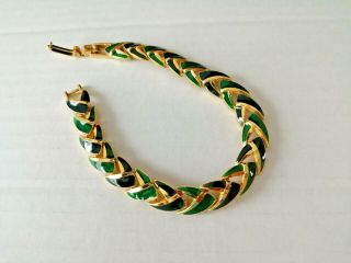 Vintage Bracelet For Large Wrist Enamel Dark Blue&green Gold Tone Metal 21 Cm