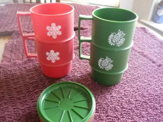 Vintage Tupperware Christmas Coffee Mugs & Coasters Red Green Set Of 4