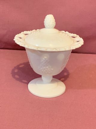 Vintage White Milk Glass Lace Edge Pedestal Candy Dish Compote Bowl W Lid.  U