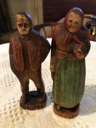 Vintage Hand Carved Wood Old Man & Woman Folk Art Figurines