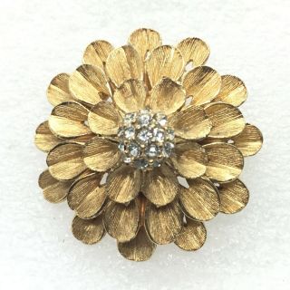 Vintage Mum Flower Brooch Pin Red Clear Glass Rhinestone Costume Jewelry