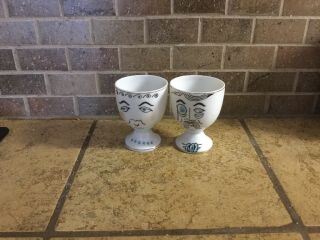 Two Vintage Ceramic Egg Cups Mid Century Whimsical Hand Painted Japan