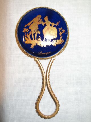 Vintage Hand Mirror Limoges Cobalt Blue With Gold Pocket
