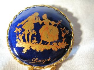 Vintage Hand Mirror Limoges Cobalt Blue with Gold Pocket 2