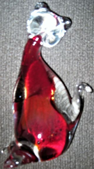 Pre - Owned Vintage Murano Clear Wred Hand Blown Glass 6 " Cat Figurine/paperweight