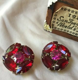 D&e Juliana Vintage Marquise Pink Red Faceted Glass Rhinestone Clip Earrings