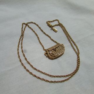 Vtg Signed 1928 Brand Gold Tone Mini Purse Pendant Chain Necklace,  Rhinestones