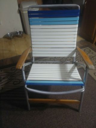 Vintage Blue & White Aluminum Folding Lawn Chair Wood Handle Vinyl Strap Ex - Cond