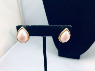 Vtg.  Crown Trifari Pink Pear Cabochon & Gold Tone Pierced Earrings