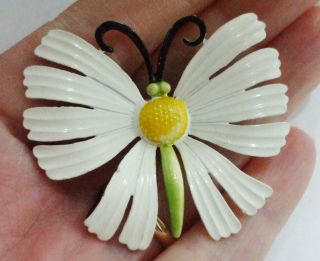 Pretty Vintage J.  J.  Enamel Butterfly Pin Brooch In White Green Yellow & Black