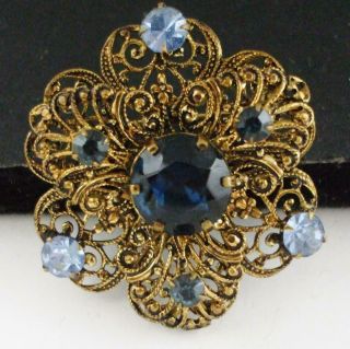 Pretty Vintage Czechoslovakia Filigree Flower Pin Brooch W/blue Rhinestones