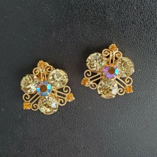 D&e Juliana Vintage Amber Rhinestone Filigree Flower Gold Tone Clip Earrings S82