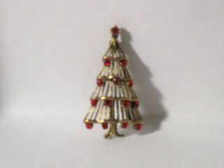 Vintage Hedy Gold - Tone Metal All Red Rhinestone Christmas Tree Pin Brooch
