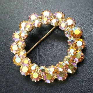 Vintage Gold Tone Pink Ab Aurora Boreallis Rhinestone Mid Century Brooch Pin V51