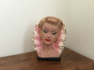 Vintage Hand Painted Ceramic Lady Head Vase - High Fringed Collar