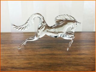 Vintage Large Murano Glass Horse Figure Crystal Clear Art Italy Blown Running