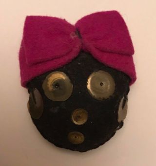 Vintage Pin Black Americana Face Head Piece Large Sequin Features Handmade
