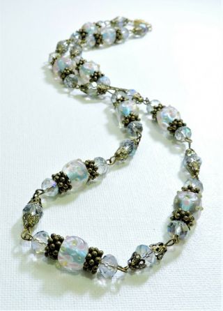 Vintage Sky Blue With Pink Flowers Lampwork Art Glass Bead Necklace Au19345