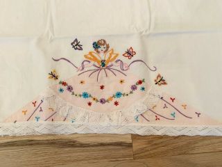 Set Pair Vintage Pillow Cases Crochet Embroidery Southern Belle Girl