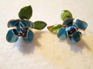 Vintage Enameled Flower Clip Earrings Gold Tone Blue Green 1 1/8 "