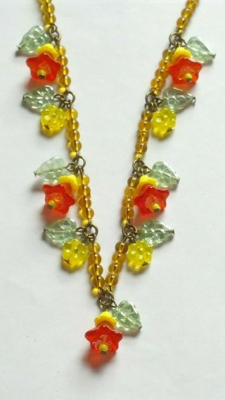 Czech Orange And Yellow Flower Glass Bead Necklace Vintage Deco Style