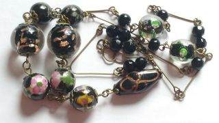 Black Floral Glass Bead Tassel Necklace Vintage Deco Style