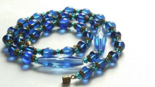 Czech Vintage Art Deco Blue Pressed And Faceted Glass Bead Necklace