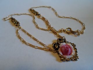 Vintage Avon Gold Tone Chain Necklace With Pink Ceramic Rose Pendant,  16 "
