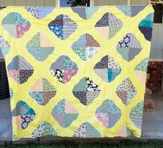 Vintage Sunny Yellow And Feed Sack Quilt Top 30s - 40s Hand & Machine Different