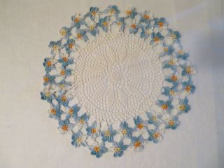 Vintage Crochet Doily Blue White Orange Yellow Flowers