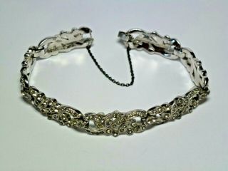 Vtg Crown Trifari Link Bracelet Rhodium Plated Clear Rhinestones Safety Chain