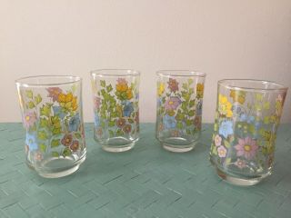 (4) Vintage Libbey Floral 3.  75” Juice Glasses Collectible Glassware