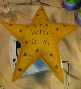 Vintage Handmade Hand Sewn Halloween Decorative Star Pillow " The Witch Is In "