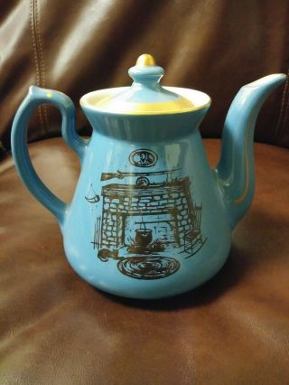 Vintage Hall Pottery Blue & Gold Filligree 6 - Cup Teapot 0066