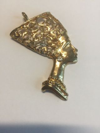 Vintage Queen Nefertiti Filigree Pendant 2 1/2 " W/rhinestone Earring Euc