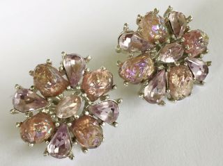 Vintage Old Crown Trifari Renaissance Poured Lavender Art Glass Flower Earrings