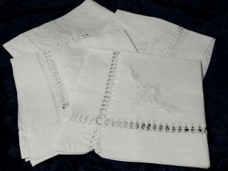 Set Of 4 Antique / Vintage 11½ " White Cotton Drawn Thread & Embroidered Napkins